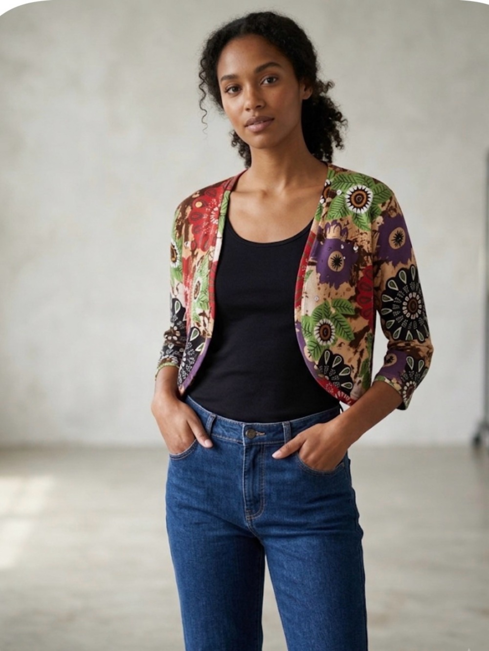 Vintage Style Floral Cropped Cardigan Sweater - Multicolor